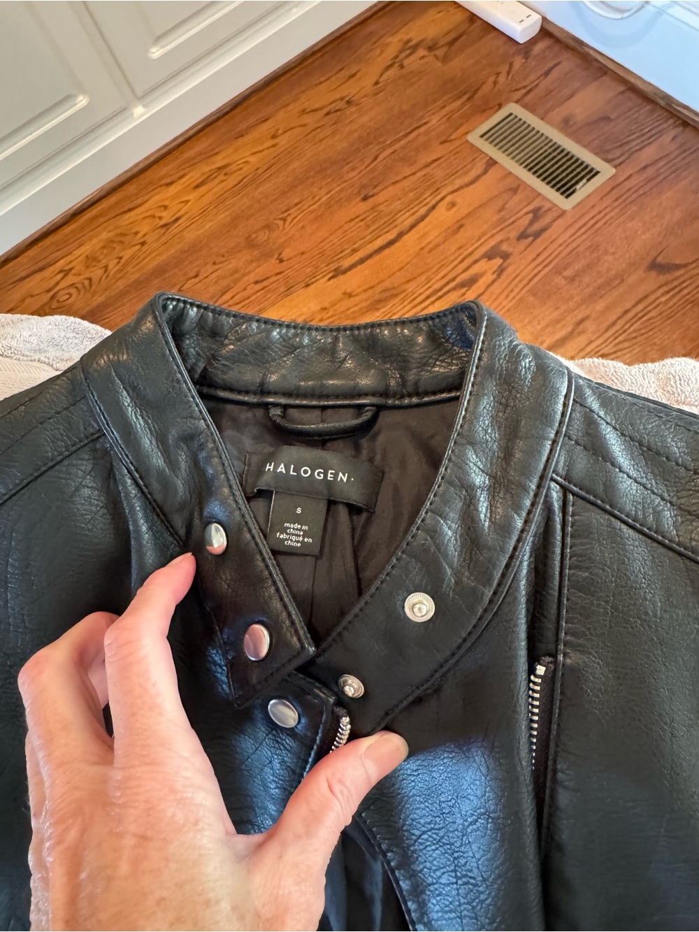 Halogen Black Faux Leather Moto Jacket with Snap Collar and Zip Pockets